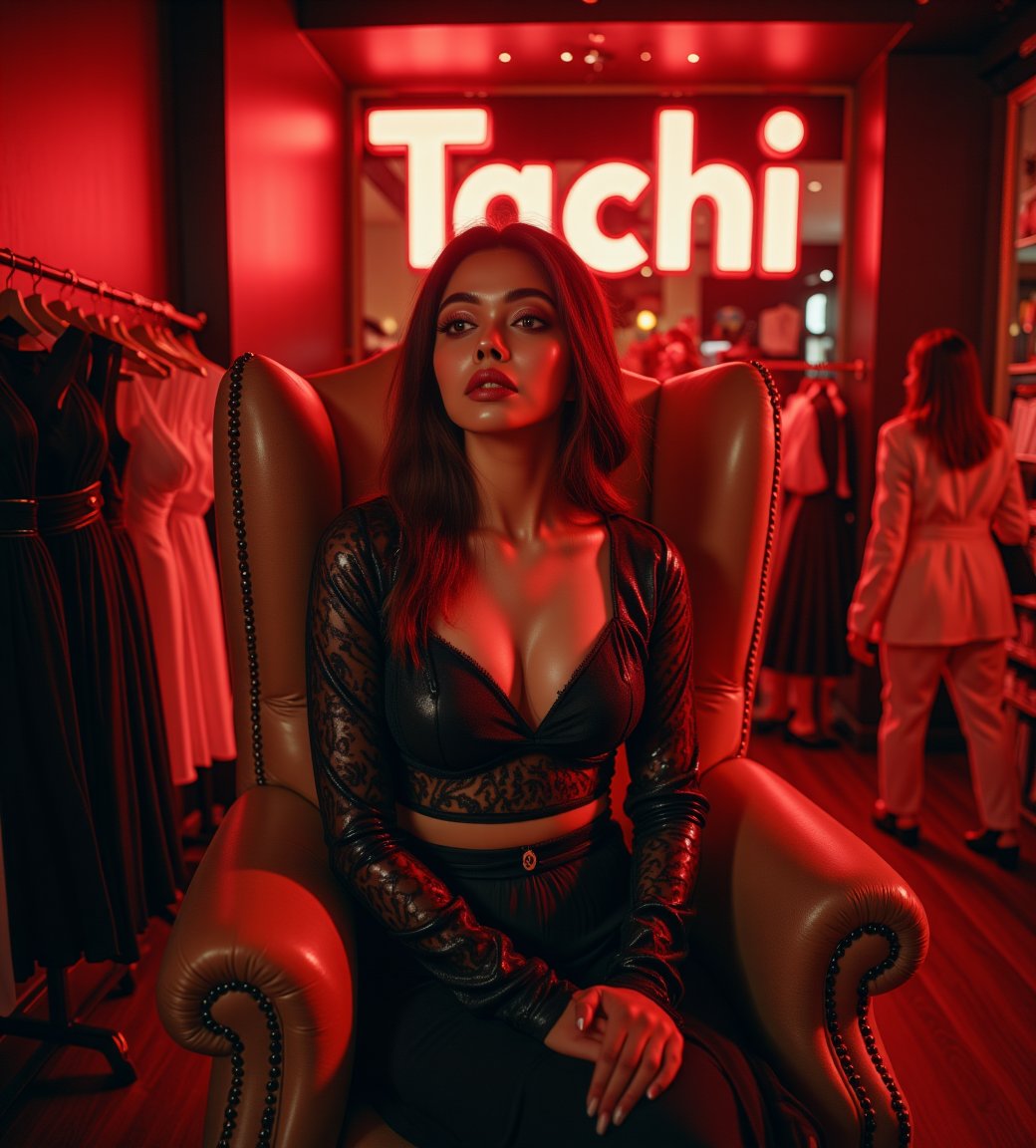 create me something beautiful, sexy, A beautiful woman, dressed in high fashion, sits on a throne in a luxurious boutique shop, surrounded by perfect cinematic lighting. Behind her, the shop's name "Tachi" is displayed in oversized glowing letters, commanding attention. Girls in the background casually explore the dresses on display. The scene highlights both the elegance of the boutique and the glowing, bold shop name.,Enhanced all