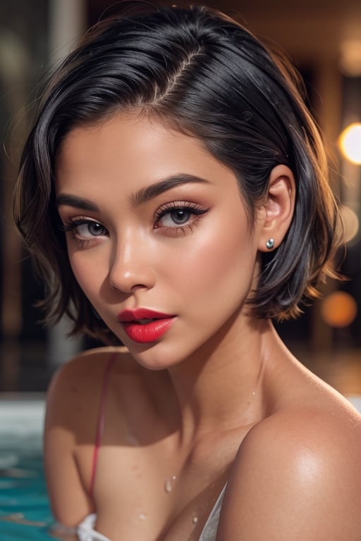 a beautiful female model, a beautiful young woman, looking at viewer, short hair, blue eyes, black hair, water, head tilt, makeup, lipstick, realistic, red lips