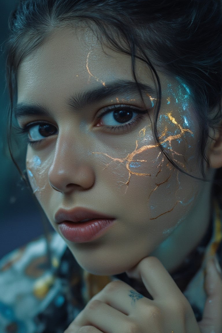 Create a highly detailed close-up image of a fantasy elf’s face, blending elements of cinematic art and modern digital design. Her pale skin glows with a soft, ethereal light, intricately adorned with golden, cracked patterns that evoke the delicate art of kintsugi, tracing along her features with a mystical glow. These patterns intertwine with neon tattoos, forming geometric shapes that pulse with a magical energy. Her large, mesmerizing eyes shift between shades of deep teal and oceanic blue, as if holding the mysteries of the sea within them, drawing the viewer into her intense, calm gaze.
..,(her hand crackling with huge electricity power as she gazes directly at the camera))