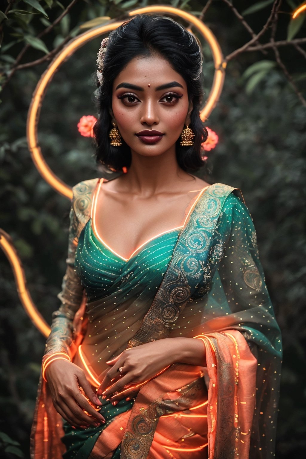 Portrait of a mystical fantasy bioluminescent neon woman. Glamorous fashionable lady in saree. Glowing, Glowing color,Glowing dots and line on body and skin, white_body,  Parle, high resolution 8k image quality,photorealistic,Saree ,NeonST2