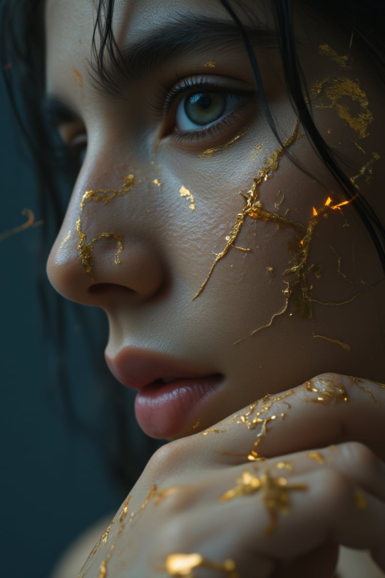 Create a highly detailed close-up image of a fantasy elf’s face, blending elements of cinematic art and modern digital design. Her pale skin glows with a soft, ethereal light, intricately adorned with golden, cracked patterns that evoke the delicate art of kintsugi, tracing along her features with a mystical glow. These patterns intertwine with neon tattoos, forming geometric shapes that pulse with a magical energy. Her large, mesmerizing eyes shift between shades of deep teal and oceanic blue, as if holding the mysteries of the sea within them, drawing the viewer into her intense, calm gaze.
..,(her hand crackling with huge electricity power as she gazes directly at the camera))