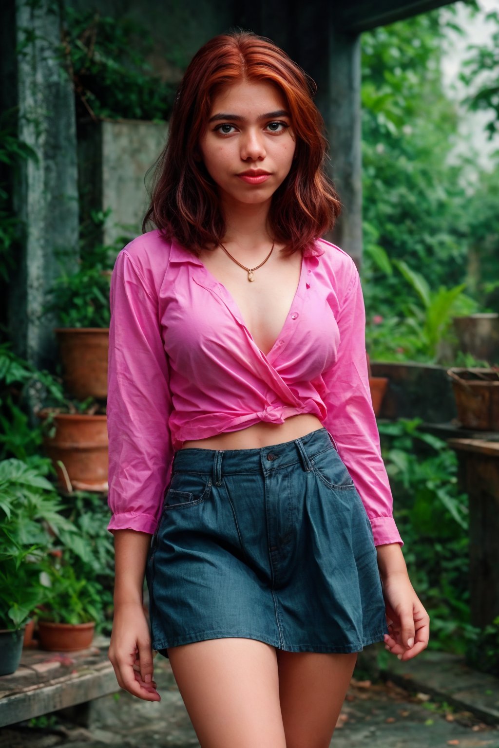 A solo 17 yo girl with po red hair and small breasts looks directly at the viewer from a cowboy shot indoors. She's wearing a black miniskirt and thighhighs, her collarbone and navel visible. A necklace and earrings adorn her neck. Her parted lips are emphasized as she holds a bag, with a blurry background to focus attention on her. The overall style is realistic, with a focus on shopping,  showcasing her bare shoulders and navel. She's wearing denim shorts and an off-the-shoulder pink shirt, with a small mole visible above her lips. The overall style is realistic, with a focus on casual fashion featuring short shorts, 