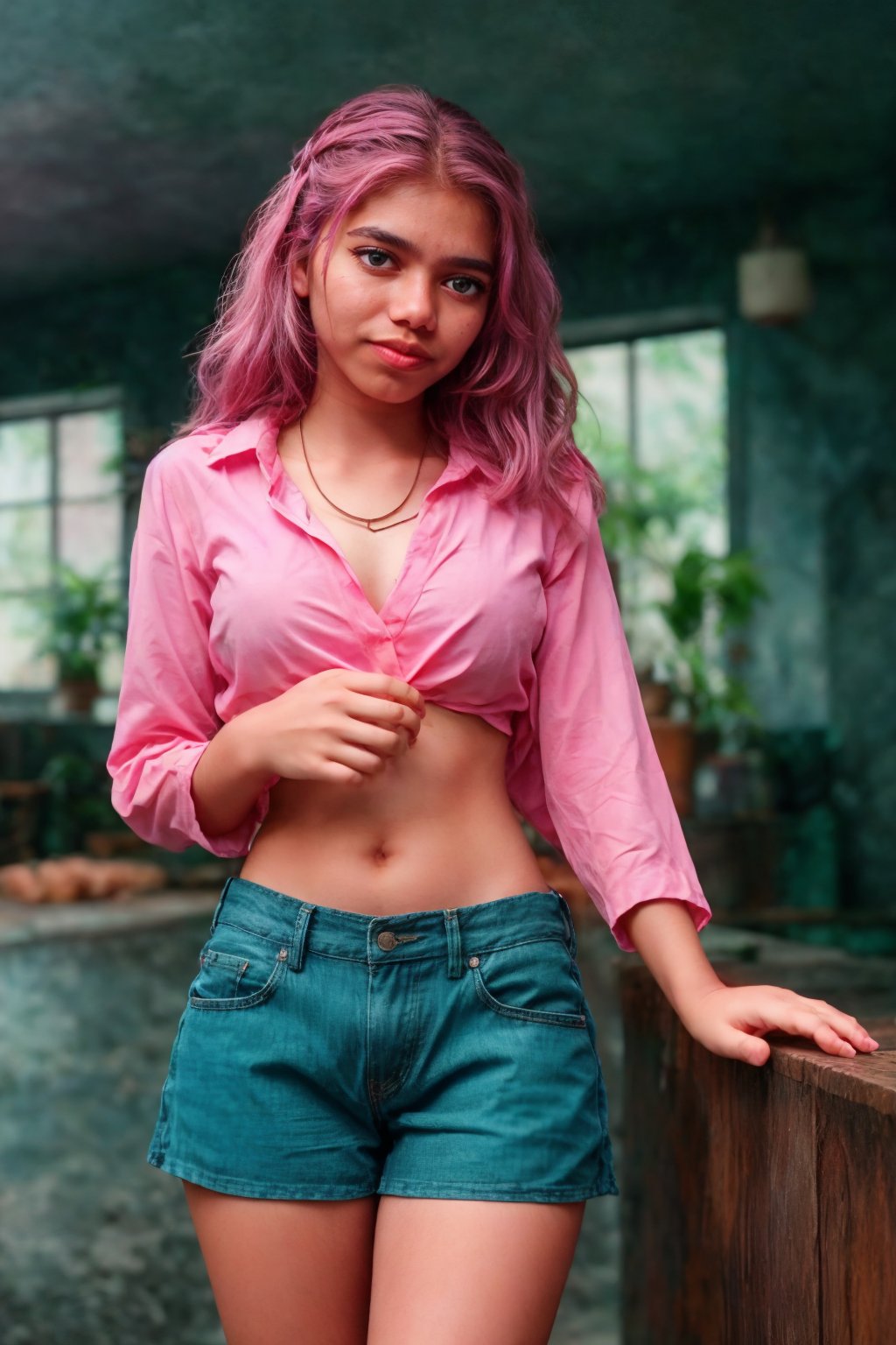 A solo 17 yo girl with pink hair and small breasts looks directly at the viewer from a cowboy shot indoors. She's wearing a black miniskirt and thighhighs, her collarbone and navel visible. A necklace and earrings adorn her neck. Her parted lips are emphasized as she holds a bag, with a blurry background to focus attention on her. The overall style is realistic, with a focus on shopping,  showcasing her bare shoulders and navel. She's wearing denim shorts and an off-the-shoulder pink shirt, with a small mole visible above her lips. The overall style is realistic, with a focus on casual fashion featuring short shorts, 