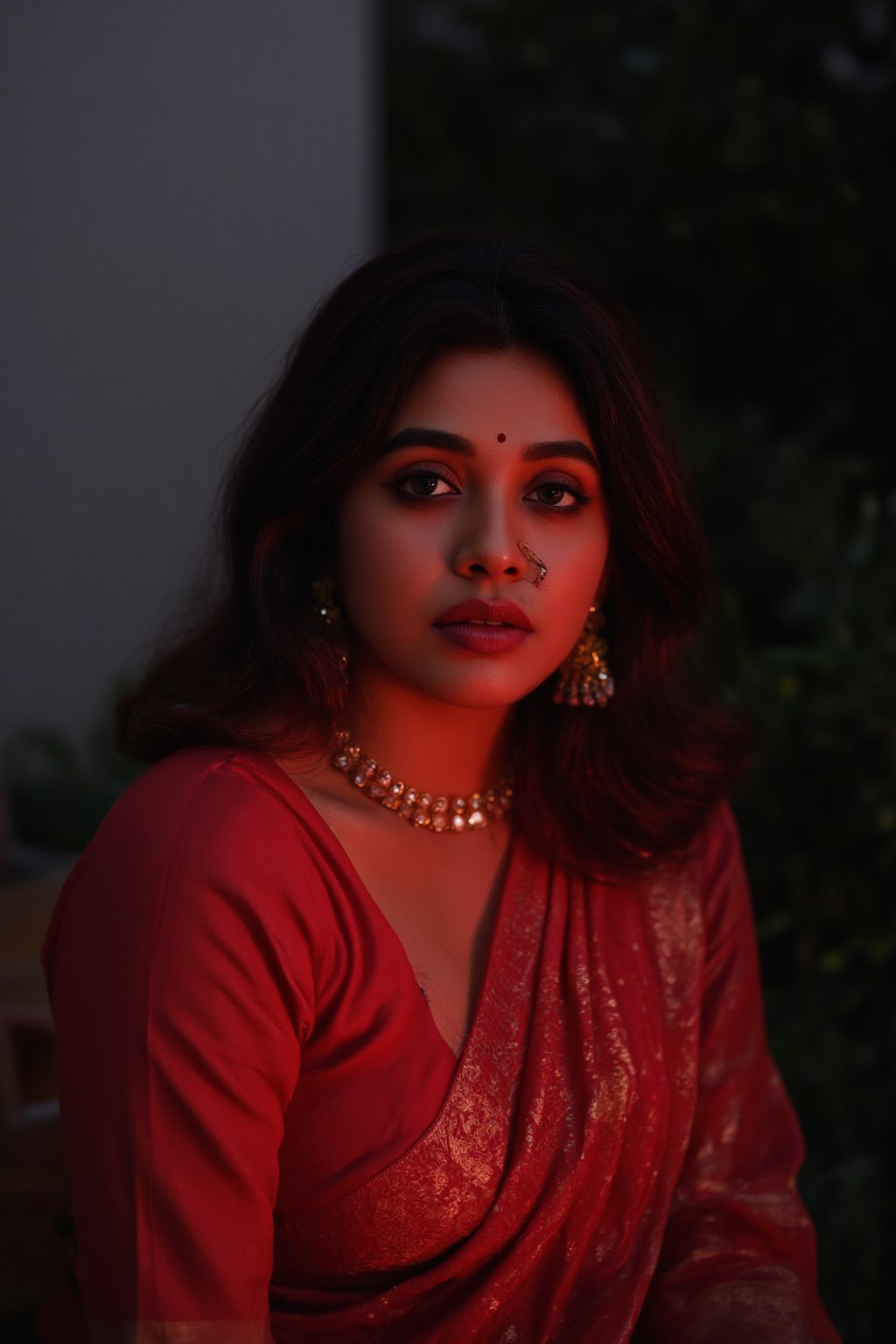 Raw photo of (18yo Kerala Beautiful young woman:1.1, (best quality, highres, ultra-detailed:1.2), This breathtaking photograph, shot on a Canon 1DX with a 50 mm f/2.8 lens, beautifully showcases the raw and authentic beauty of life. high resolution 8k image quality, vibrant colors, glowing dimond, glowing eyes, realistic Raw photo, realistic lighting, traditional Red saree,  exotic beauty, mesmerizing eyes, girl ,Thrissur,Mallu,Saree,35mm photo