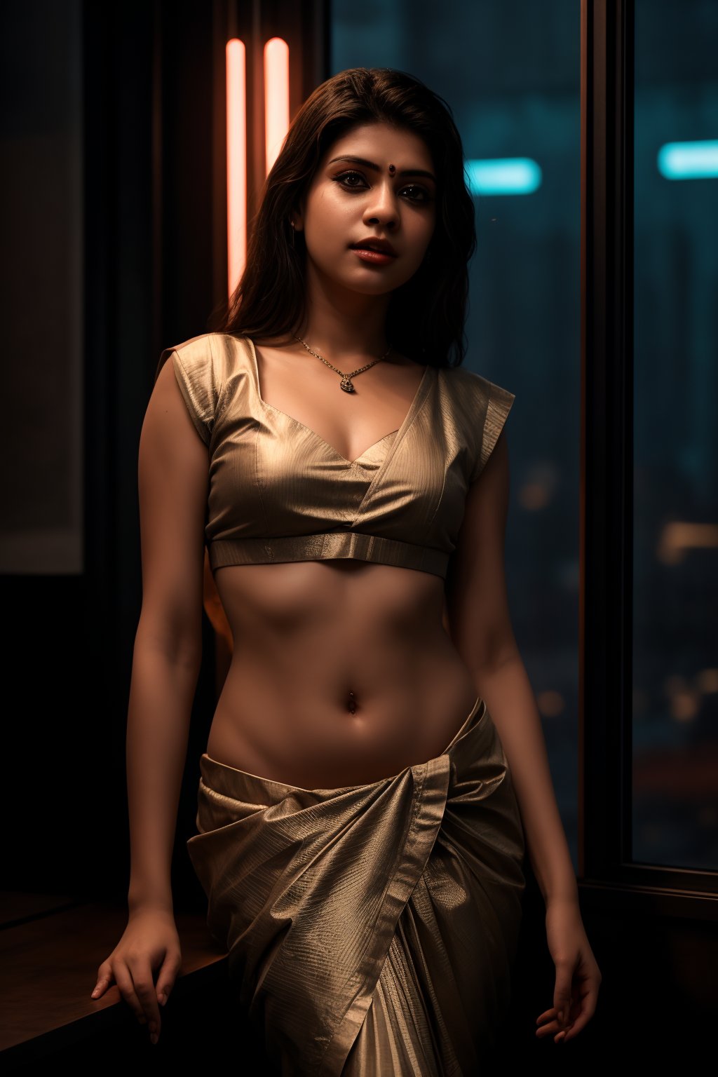 In a cyberpunk world, a stunning 25-year-old woman in a saree stands majestically in a long shot. Neon lights and glowing accents illuminate the dimly lit room, casting an otherworldly glow on her exotic beauty. Navel covered, The camera captures every detail with Fujifilm's raw quality, showcasing vibrant colors and mesmerizing eyes that seem to radiate an inner light. Her pose exudes sensuality as she flaunts robot body parts in the futuristic setting, with a glowing diamond pendant adding an air of sophistication. The photorealistic lighting and composition create an ultra-detailed image that draws the viewer in, as if gazing through a window into this Cyberpunk World.