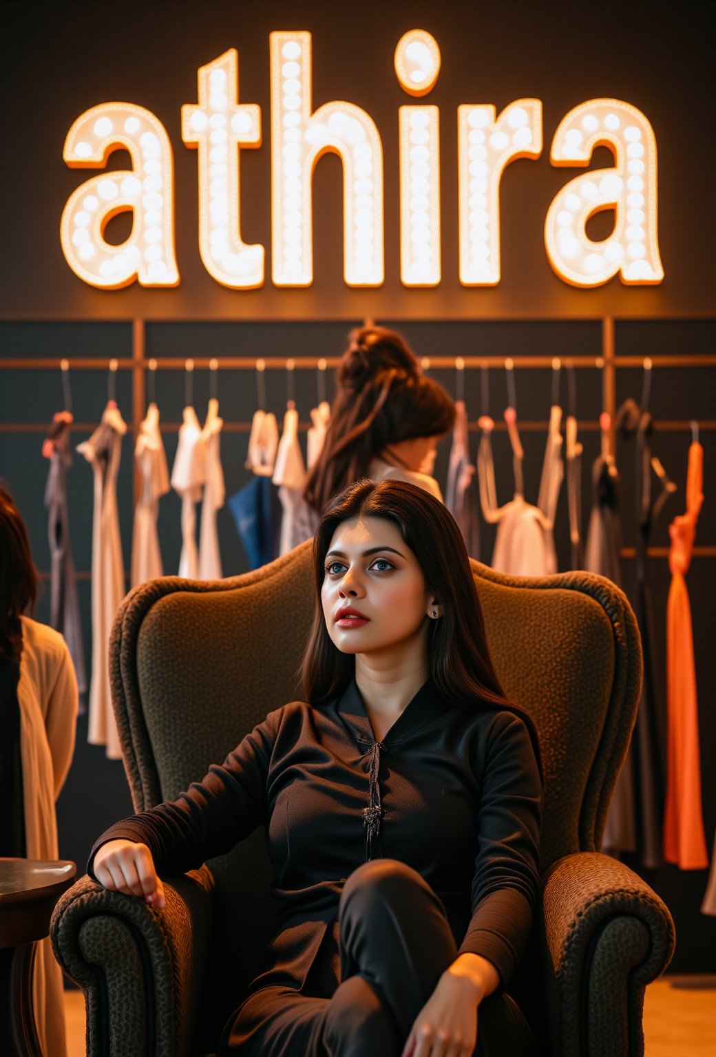 create me something beautiful, sexy, A beautiful woman, dressed in high fashion, sits on a throne in a luxurious boutique shop, surrounded by perfect cinematic lighting. Behind her, the shop's name "athira" is displayed in oversized glowing letters, commanding attention. Girls in the background casually explore the dresses on display. The scene highlights both the elegance of the boutique and the glowing, bold shop name.,Enhanced all,madona Sebastian 