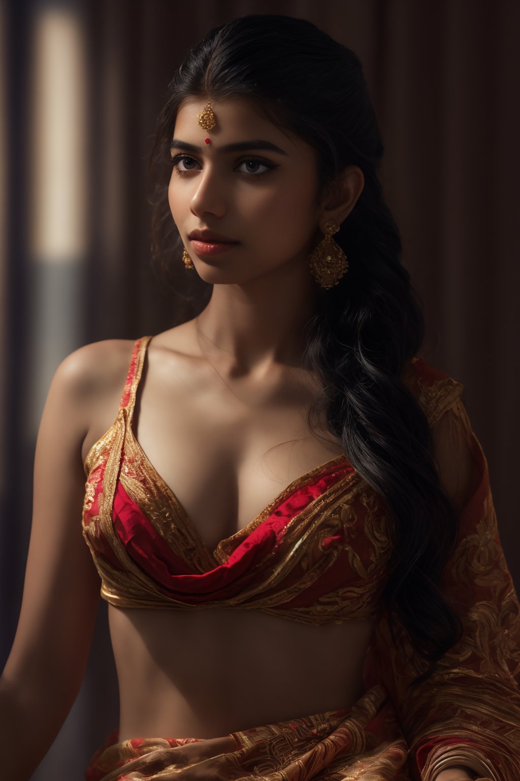 A beautiful Indian woman wearing a traditional saree, draped in a style that reveals her midriff and navel. The saree is richly colored and adorned with intricate patterns and embroidery, with a matching blouse (choli) that has short sleeves and a deep neckline. The pallu of the saree is gracefully draped over her shoulder, falling softly to one side, while her navel is tastefully visible where the saree is wrapped around her waist. She is adorned with traditional jewelry, including a maang tikka, jhumka earrings, a nose ring, bangles, and anklets. Her skin has a warm tone, and her long, dark hair is styled either in a loose braid or cascading waves. The setting is softly lit, focusing on her elegant pose and the cultural richness of her attire, with warm, natural lighting that enhances the details of the fabric and her jewelry.

cinematic angle, (cinematic shadows, bokeh, depth of field:1.3) , (High detail RAW Photo), (extremely detailed skin, photorealistic, heavy shadow, dramatic and cinematic lighting, key light, fill light), sharp focus, cinematic, imperfect skin, fabrics, textures, detailed face, detailed skin, detailed fingers, NaturalHand2-3500, analog film photo Deep photo,depth of field,ferrania p30 film,shadows, perfect face and body, dimly lit, nervous, harsh camera flash, faded film, desaturated, 35mm photo, grainy, Kodachrome, Lomography, stained, highly detailed, found footage,, (black hair,
A flapper girl stands poised in a smokey atmosphere, bathed in ethereal light that accentuates her stunning features. Her fair skin glows under cinematic lighting, as she gazes directly into the camera with perfect eyes and a beautiful nose. Her Drill Spring-inspired hairstyle is perfectly coiffed, framing her face, background intricate details and complex patterns that seem to leap off the screen in hyper-maximalist fashion.  with detailed decoration and lines that exude opulence. In stunning HDR and UHD, this unreal engine creation pops with gorgeous light and shadow., matrix 