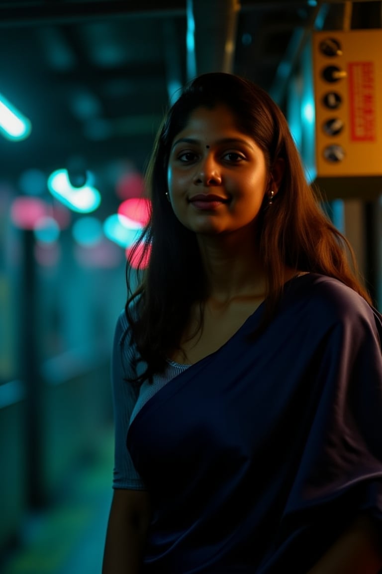 A beautiful mallu women, teal and orange colour lighting in background, futuristic subway, pipeline , wires, light indicators, intricate background, realism,realistic,raw,analog,portrait,photorealistic, taken by Canon EOS,SIGMA Art Lens 35mm F1.4,ISO 200 Shutter Speed 2000,Vivid picture,Mallu beauty, The atmosphere is fun and inviting, featuring colors like black, blue, dark blue, dark purple, gray, light green, purple, and orange. Neon lights in pink, blue, and green illuminate the space, creating a bokeh and Depth of Fieldeffect. The focus is on the girl from the torso to the head, captured in a cinematic style with a Sony A7R IV full-frame camera,Mallu beauty,futuristicportrait