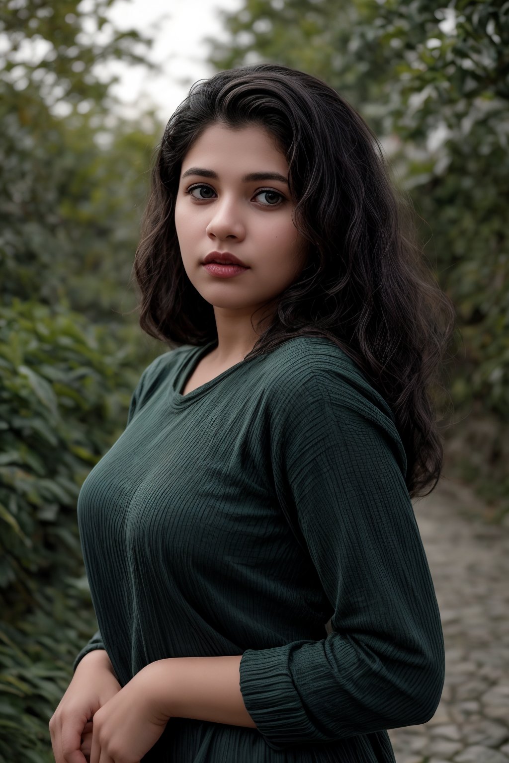 The image is a portrait of a woman positioned outdoors. The subject's attire and pose suggest a casual, possibly autumnal setting. The background, consisting of green foliage, provides a natural backdrop that contrasts with her warm-toned clothing. There is no explicit context provided within the image itself.