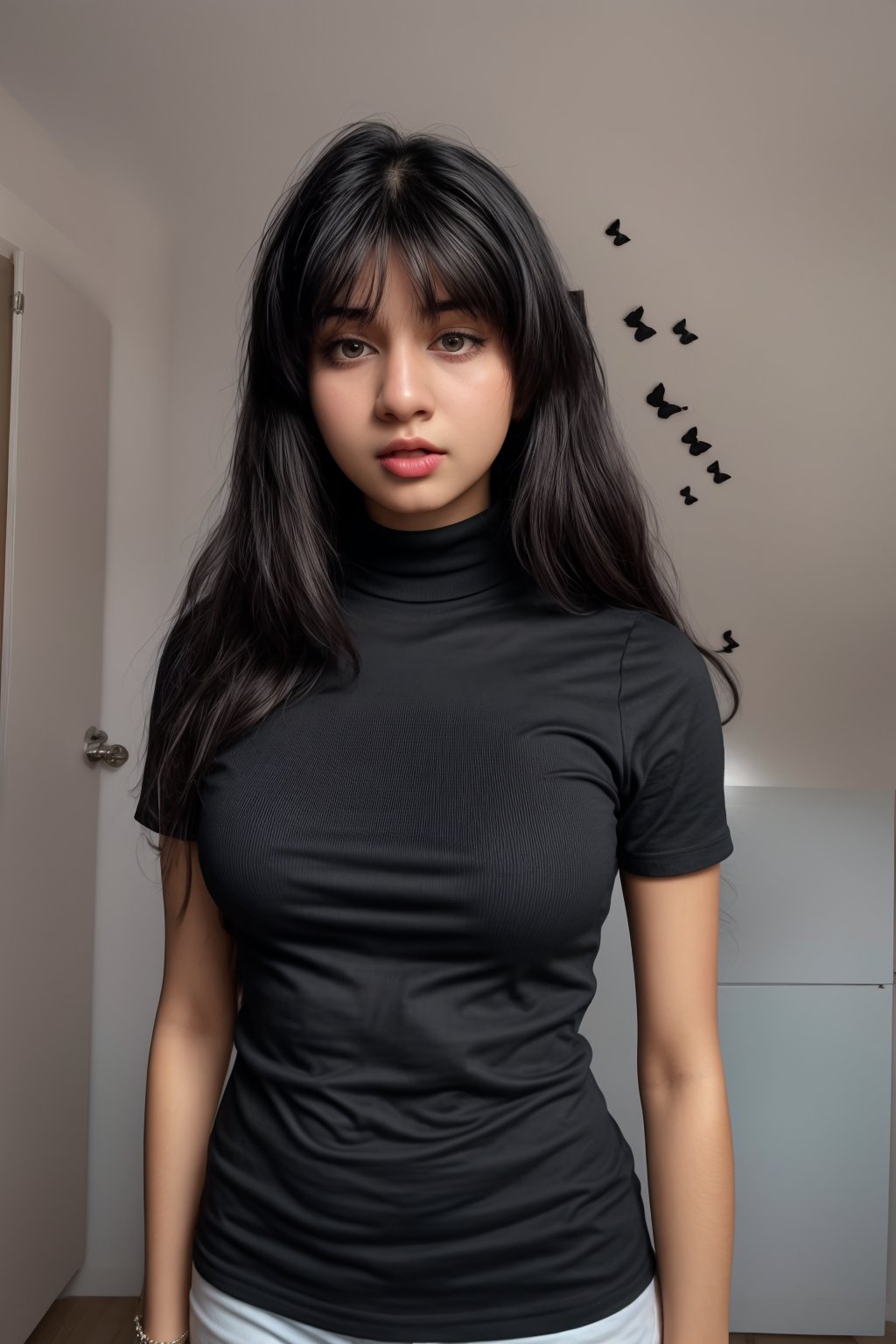 illustraion, aesthetically pleasing, 1girl, solo, slim, black hair, long hair, bangs, black eyes, closed mouth, black shirt, short sleeves, turtleneck, upper body, standing up, realistic background, 18 years old girl, mallu 