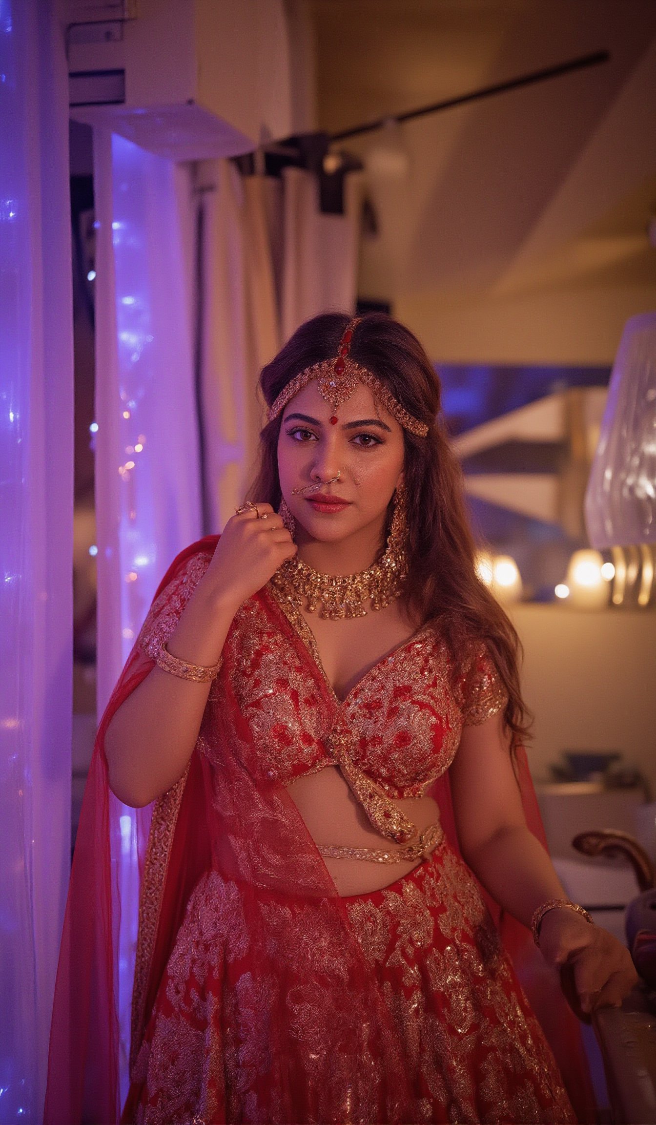 A stunning Madona Sebastian, dressed in a rich red lehenga with intricate embroidery, paired with heavy gold jewelry and a statement bindi on her forehead. Her long hair falls elegantly down her back as she strikes a confident pose, one hand resting on her hip and the other holding a delicate gold earring. The soft lighting highlights her natural complexion, while her eyes are enhanced by smoky eyeliner and volumizing mascara. She stands against a luxurious Bollywood-style backdrop, with subtle neon accents to emphasize her glamorous attire.,Madona Sebastian 