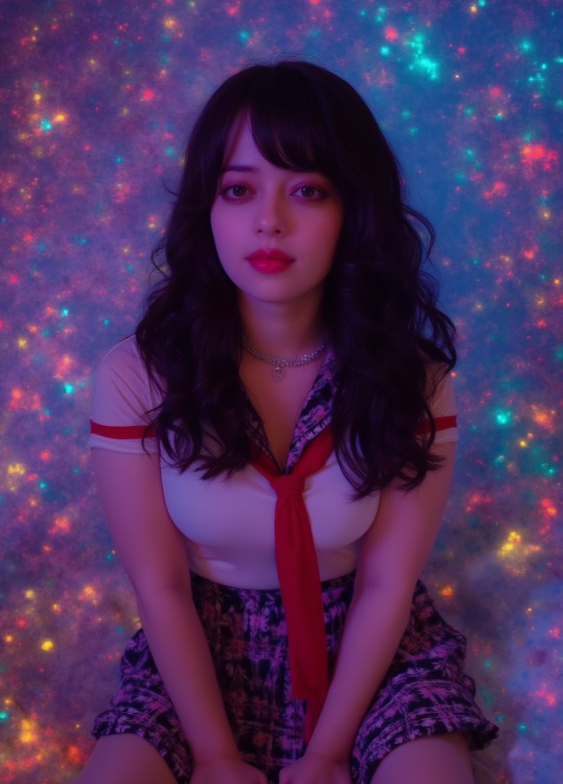 Capture a masterpiece of photography featuring a stunning girl with long, curly black hair (1.1) and intricate details in her school uniform, complete with a miniskirt and random colors. The scene is set in front of a striking fractal pattern (abstract) that creates a sense of depth and dimensionality. Professional HDR lighting (8k UHD RAW photo) casts a cinematic glow, accentuating the subject's features while also capturing the subtle play of iridescent lighting on her skin. Jewelry (1.4) adorns her neck, drawing attention to her radiant smile as she faces the viewer directly. The image is rendered in breathtaking detail, with every curl of hair and fold of fabric meticulously captured. Apply a realistic LUT for a true-to-life representation.,SH,Yakshi28 