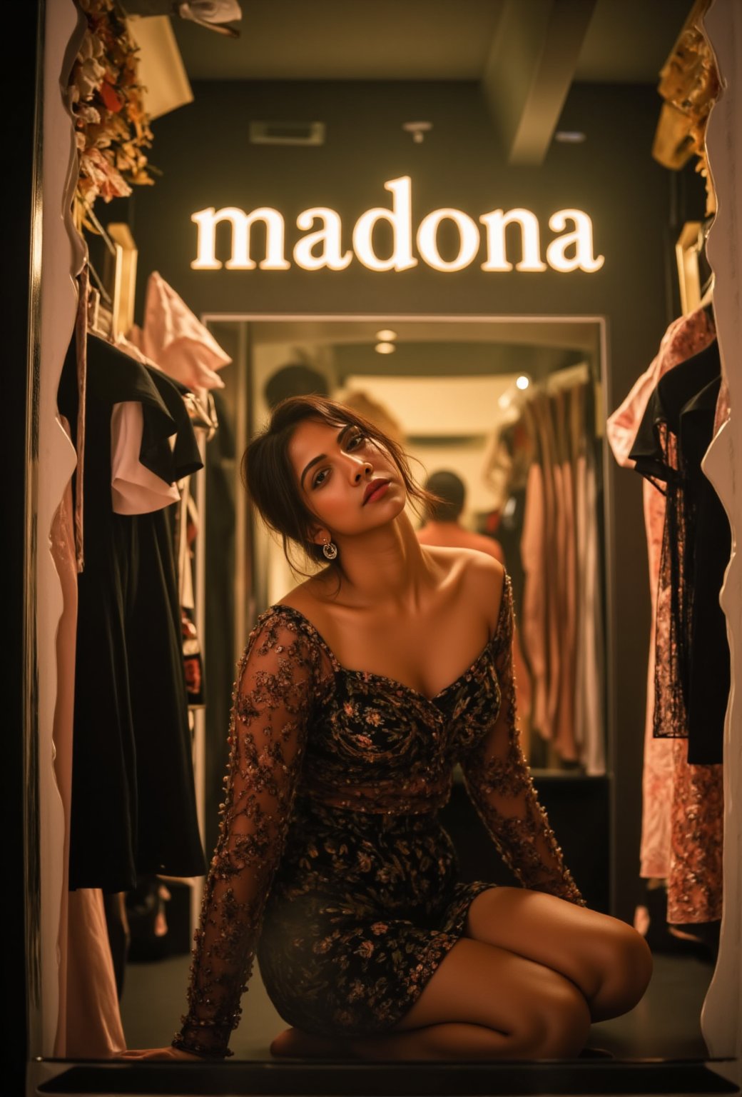 create me something beautiful, sexy, A beautiful woman, dressed in high fashion, sits on a throne in a luxurious boutique shop, surrounded by perfect cinematic lighting. Behind her, the shop's name "madona" is displayed in oversized glowing letters, commanding attention. Girls in the background casually explore the dresses on display. The scene highlights both the elegance of the boutique and the glowing, bold shop name.,Enhanced all,madona Sebastian 