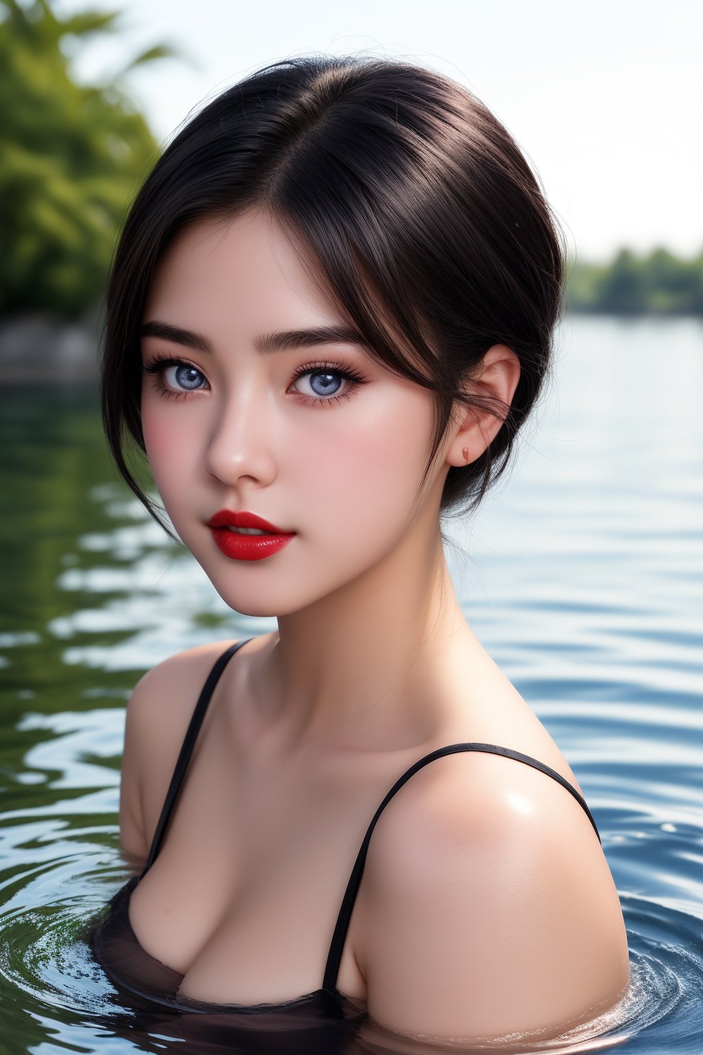 a beautiful female model, a beautiful young woman, looking at viewer, short hair, blue eyes, black hair, water, head tilt, makeup, lipstick, realistic, red lips