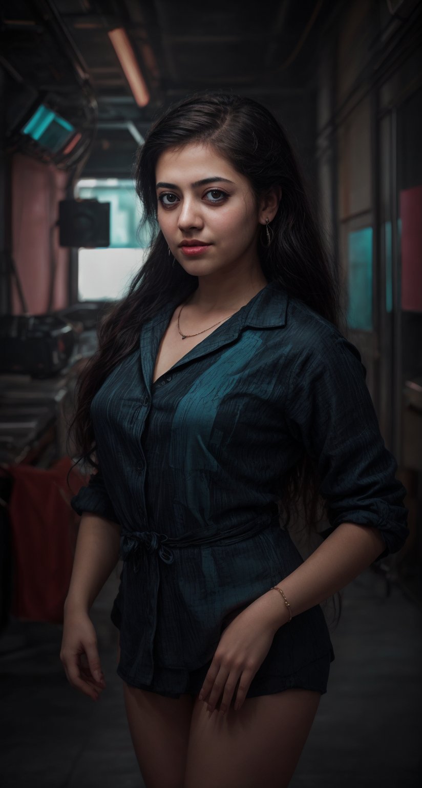 Cyberpunk, Neon glow, high resolution, best quality, 4k, 1girl, solo, beauty photo, amateur photo, 1girl, eye level, oversized button-up shirt, and hoop earrings, Teal-colored Flat ironed straight, stand pose in locker room,lighting,photorealistic,redneonstyle,Rebecca ,Mallu girl 