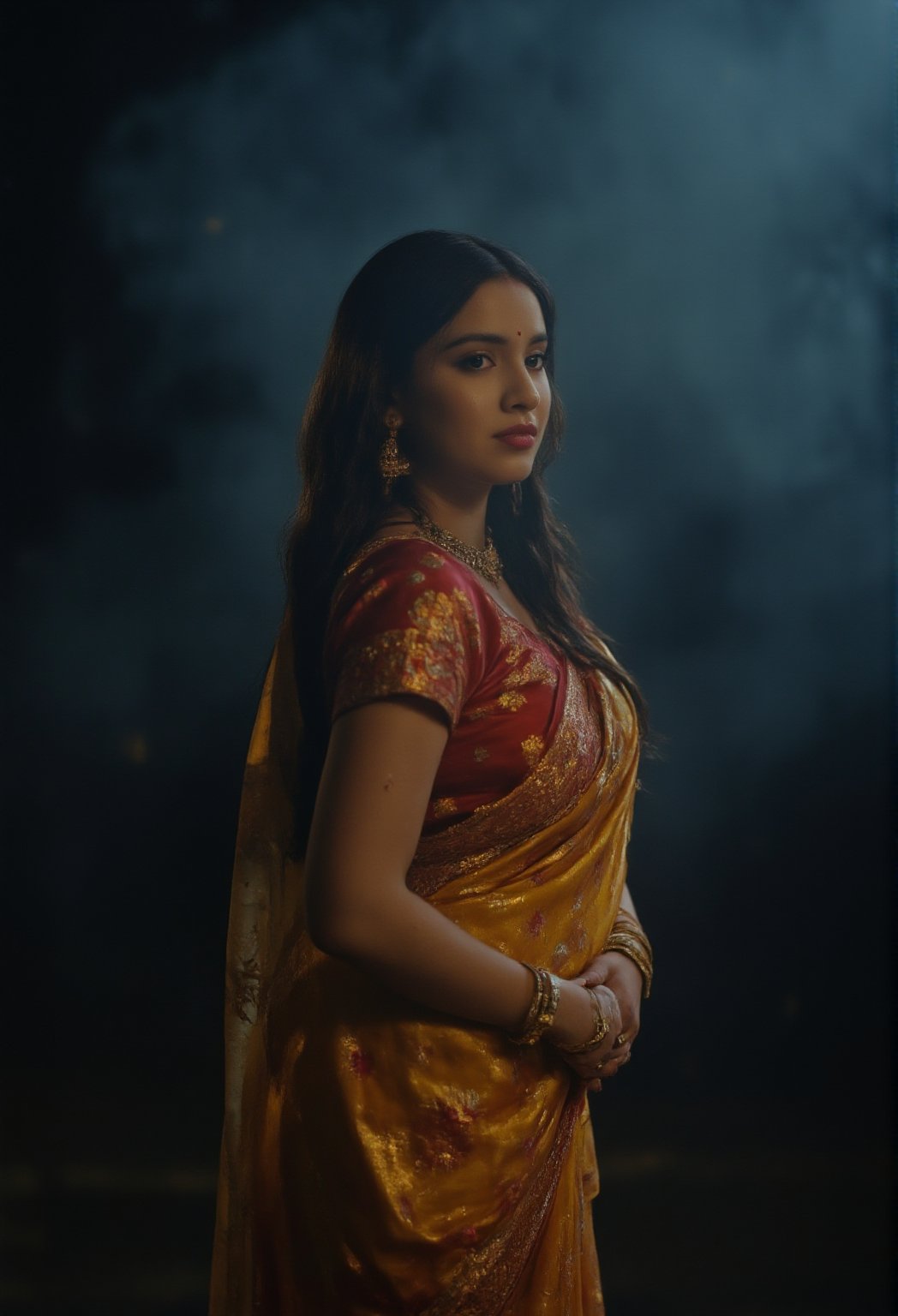 Here's a rewritten prompt that meets the requirements:

A stunning Indian girl, dressed in a traditional saree with intricate patterns and embroidery, poses elegantly against a smokey atmosphere. Softly lit by cinematic lighting, her fair skin glows under the warm glow. Her navel is tastefully visible as the saree wraps around her waist, complemented by a matching blouse with short sleeves and a deep neckline. A maang tikka, jhumka earrings, nose ring, bangles, and anklets adorn her traditional jewelry. Her long, dark hair cascades down her back like a waterfall of night, while her eyes gaze directly into the camera with perfect clarity. The saree's pallu falls softly over her shoulder, creating a sense of depth and dimensionality. Shot on ALEXA 65, this unreal engine creation is rendered in stunning HDR and UHD, with film grain adding texture to the image.