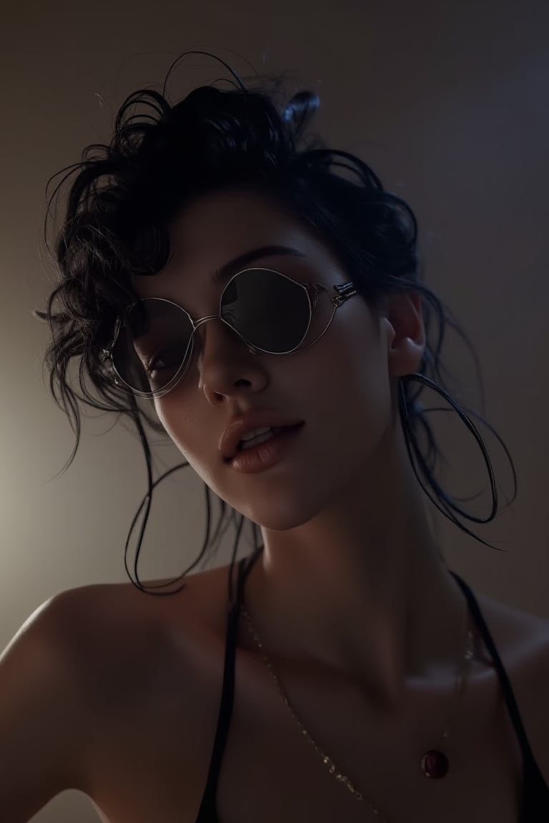 dol of chicago, a beautiful slim curvy pale goth girl with asymmetrical punk rock hair and badass euro design sunglasses. mole on cheek. half portrait by stanley artgerm, dramatic lighting, by nagel, shin jeongho, nick silva and ilya kuvshinov, deviantart