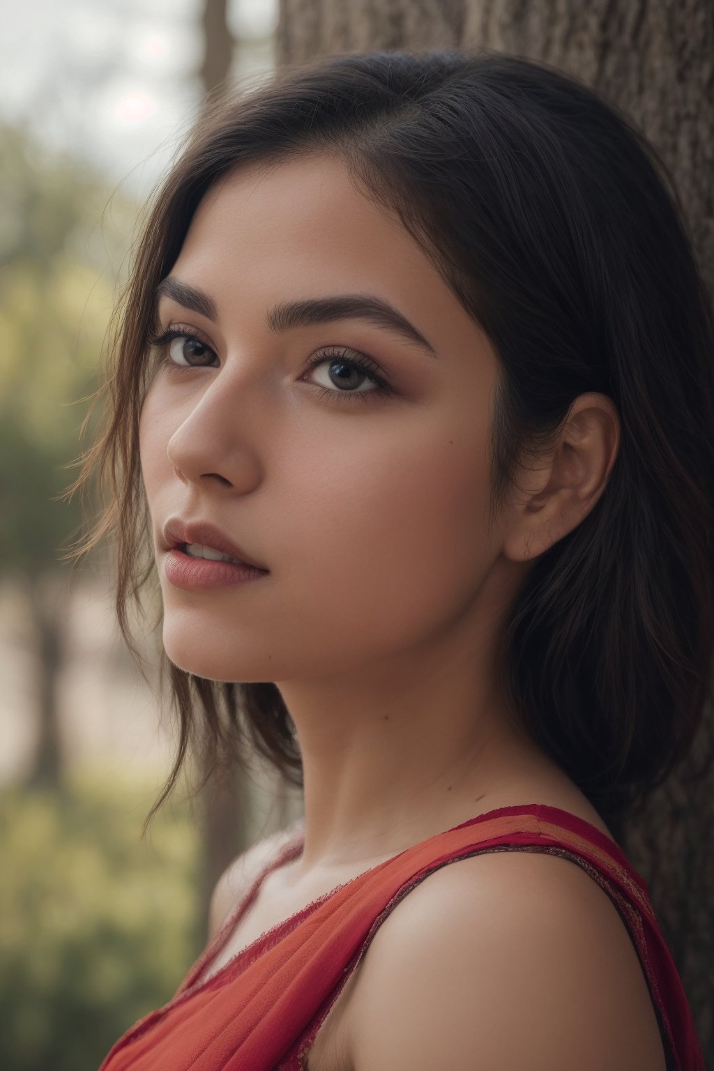 "A 30-year-old woman stands as the central figure in an outdoor scene, captured using a Fujifilm cinematic camera. The dramatic lighting creates deep shadows and striking highlights that enhance the richness of her saree and the smooth texture of her skin. The image is shot with a wide aperture, resulting in a shallow depth of field that beautifully blurs the lush forest background, making her the clear focal point. The low camera angle, looking slightly upwards, gives her an empowering and larger-than-life presence. Every detail, from the folds of her saree to the soft glow of her skin, is rendered in high definition. The natural, soft lighting infuses the scene with a dreamlike quality, adding warmth and elegance to the composition.",photorealistic,Details,Texture,Face texture,Eyes details,Face details,Symmetrical face,Details,Texture,Face texture,Eyes details,Face details 