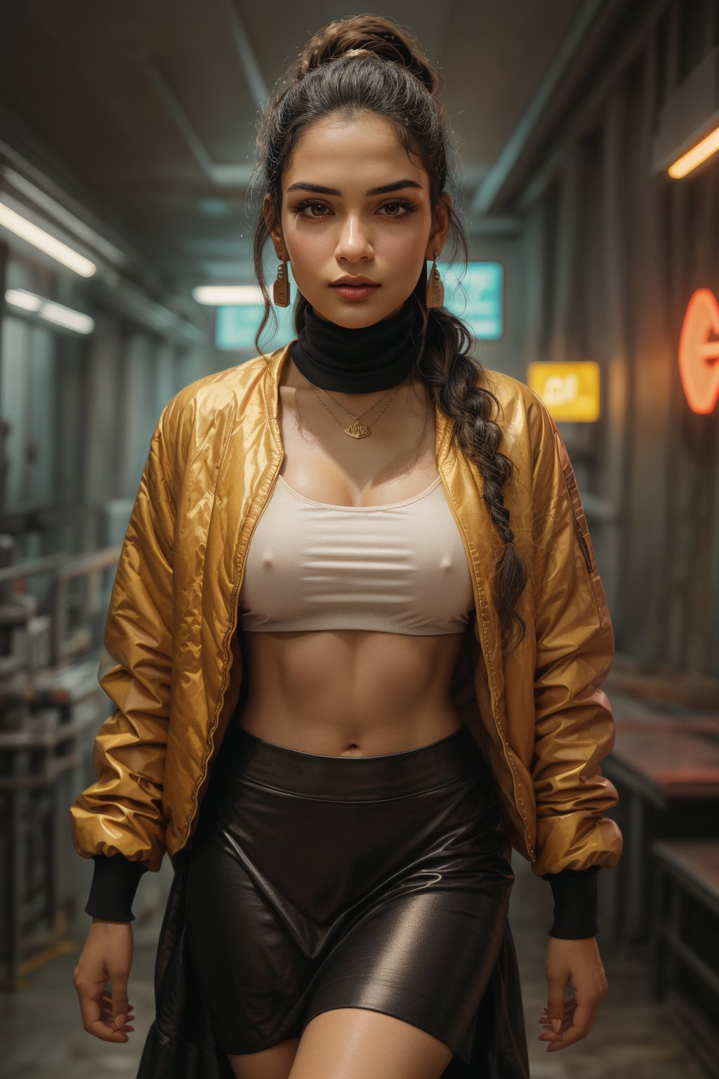 Here's a high-quality, coherent, and photorealistic , A 25-year-old woman with long, dark hair adorned with a hair ornament, stands solo in a futuristic room bathed in neon lights. She wears a designer blouse and jacket combo, paired with a turtle-neck sweater underneath. Her braided ponytail is styled perfectly, and her brown eyes gaze directly at the viewer. A bioluminescent dress hugs her Female Fit body, highlighting her midriff and navel. A pair of earrings, necklace, and ring add to her stylish ensemble. She's captured in a walking pose, with a long skirt flowing behind her, against a backdrop of futuristic cyberpunk architecture.