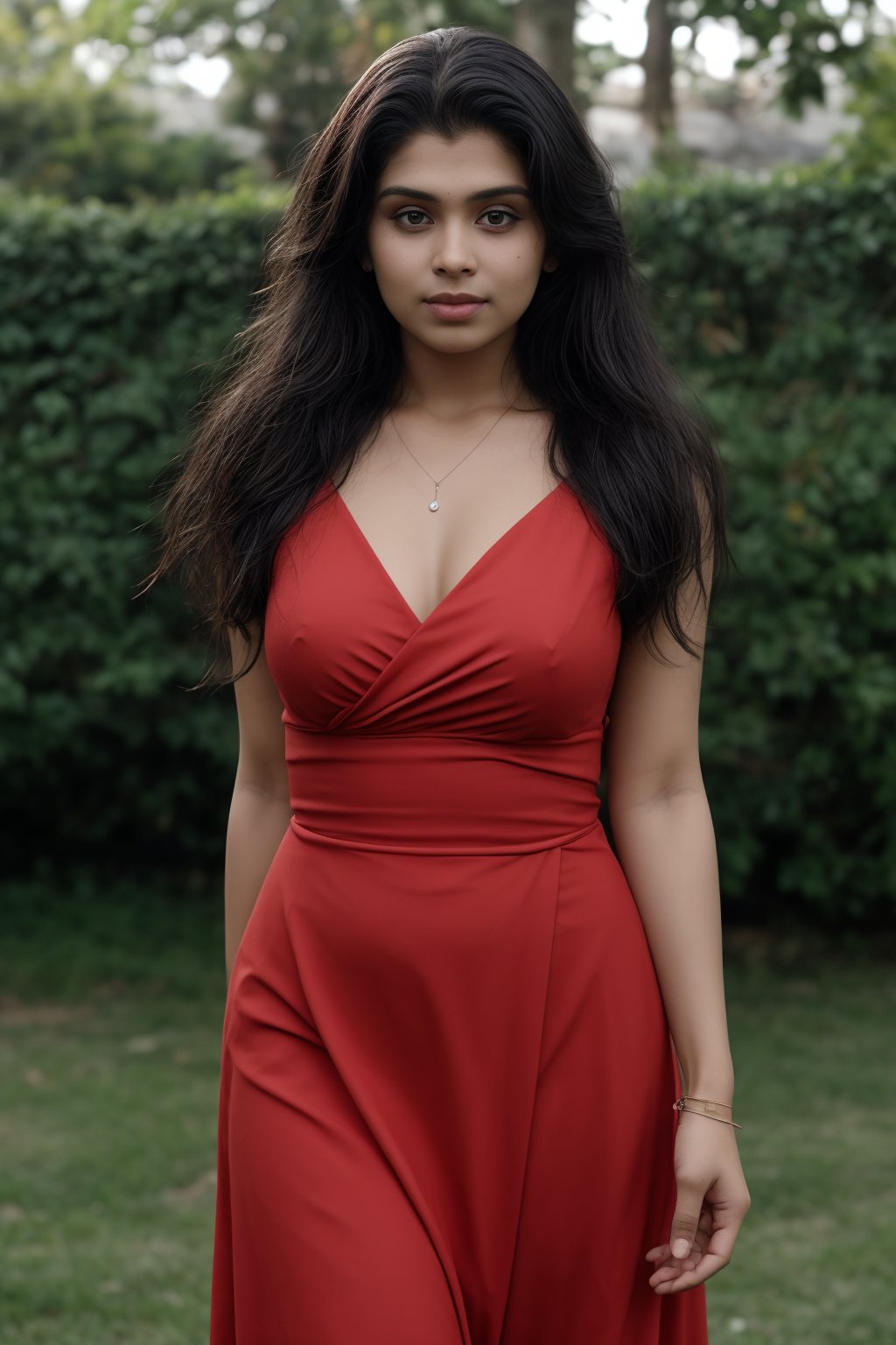 Dark skin:2, brown skin, A dark-skinned cosplayer stands outside on a lush green grass, striking a pose in a stunning red gown that flows elegantly around her curves. Her long, curly brown hair, she gazes directly at the viewer with warm, brown eyes. A delicate necklace and bracelet adorn her neck and wrist, respectively, catching the soft outdoor light. The camera captures a blurred background, emphasizing her striking features and the dress's flowing folds as she leans to one side, showcasing her dark skin glowing warmly in the natural light.