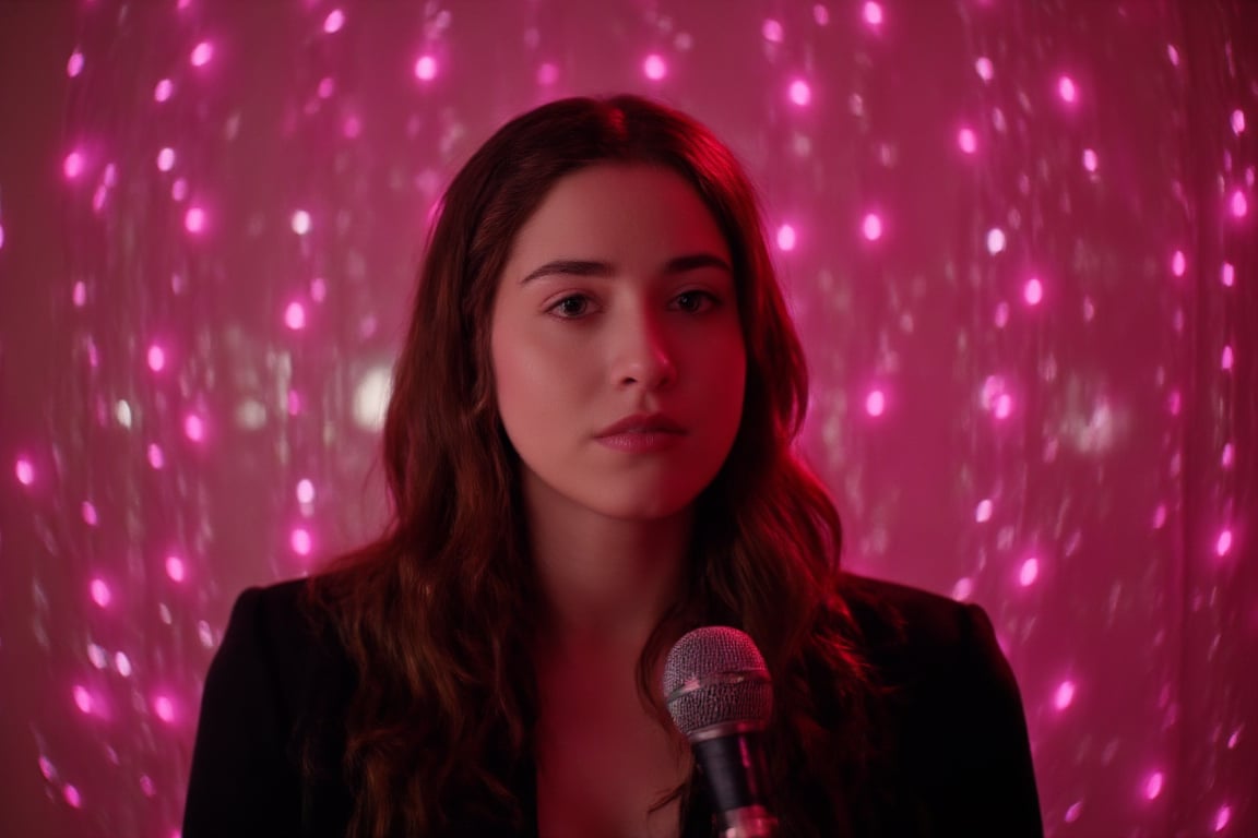 cinematic, A woman stands in front of a microphone under soft, warm lighting, with a reflective backdrop of pink lights behind her. Her expression is calm and introspective, creating a quiet and intimate atmosphere, as if she’s performing or about to speak, film grain, Short telephoto focal length, shot on ALEXA 65, calm and introspective, creating a quiet and intimate atmosphere, as if she’s performing or about to speak, film grain, Short telephoto focal length, shot on ALEXA 65