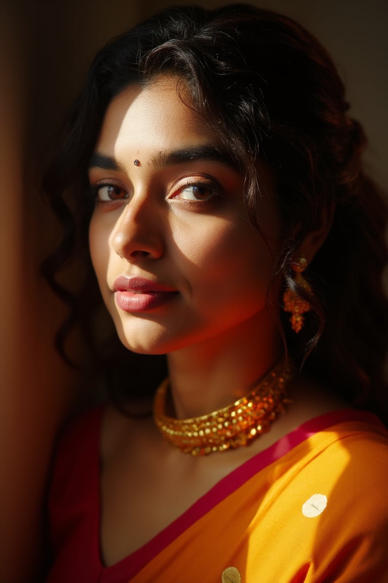 indian woman, a beautiful girl, brown eyes, gorgeous actress, Indian,  portrait photo, cinematic lighting,Sahana15 