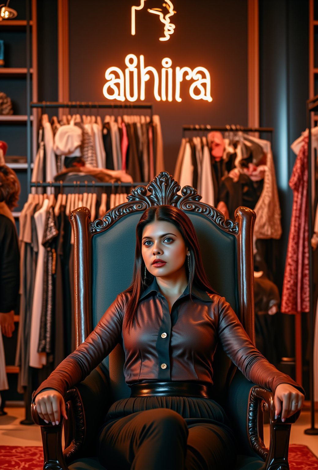 create me something beautiful, sexy, A beautiful woman, dressed in high fashion, sits on a throne in a luxurious boutique shop, surrounded by perfect cinematic lighting. Behind her, the shop's name "athira" is displayed in oversized glowing letters, commanding attention. Girls in the background casually explore the dresses on display. The scene highlights both the elegance of the boutique and the glowing, bold shop name.,Enhanced all,madona Sebastian 