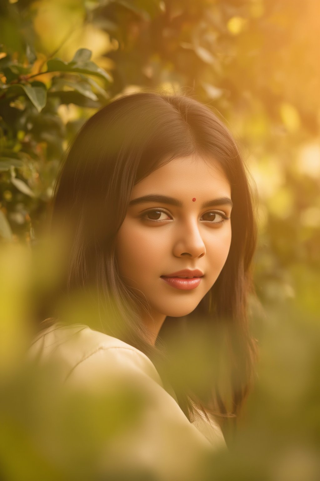 A stunning portrait of Kalyani Priyadarshan, framed by a warm golden light. She sits serenely in a lush greenery-filled setting, her long hair cascading down her back like a gentle waterfall. Her eyes sparkle with quiet confidence as she gazes softly into the distance.,Sahana15 