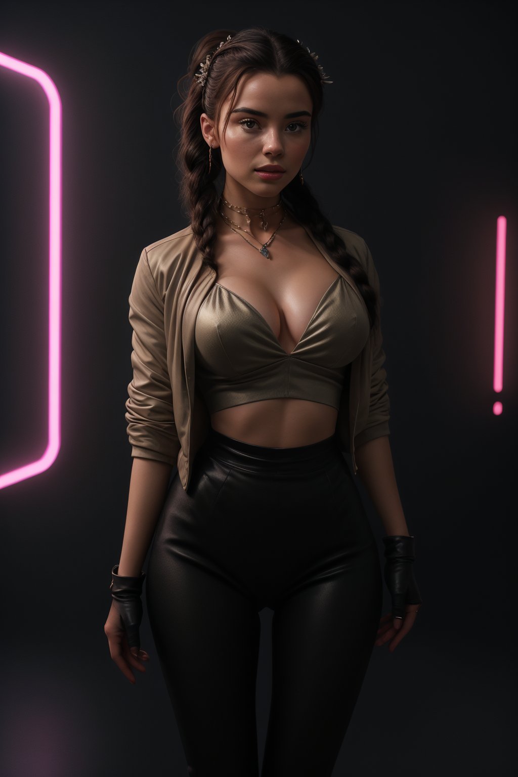 A 25-year-old woman with a fit body and muscular,  six pack abs, dark hair adorned with a hair ornament, stands solo in a futuristic room illuminated by neon lights. Her brown eyes lock onto the viewer as she wears a designer blouse and jacket, paired with a turtle-neck sweater underneath. A braided ponytail flows down her back, and her plump lips curve into a subtle smile. She's dressed in a long skirt, black high-waisted pants, and a bioluminescent dress that glows softly. Her navel is exposed, and she wears a necklace, earrings, and ring. The camera captures her looking directly at us, with a realistic, photorealistic focus on her features.,Fit body