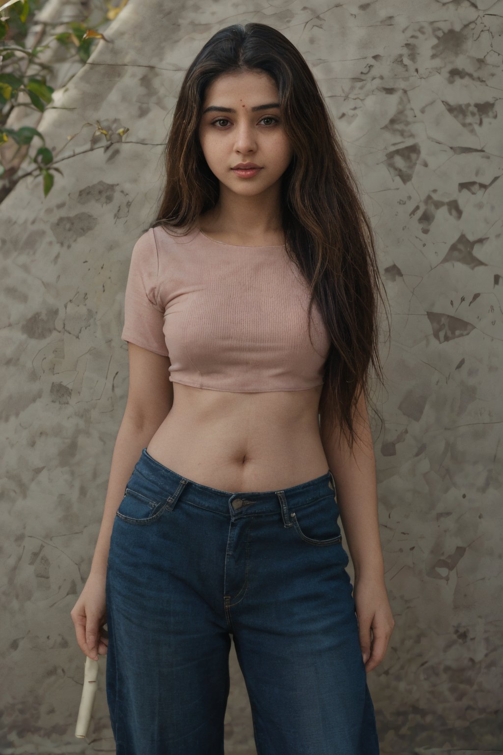 1girl, Kerala beautiful women 18 years old, solo, long hair, brown hair, shirt, t  shaped navel, outdoors, pants, sandals, denim, jeans,  photo background,Tamil girl