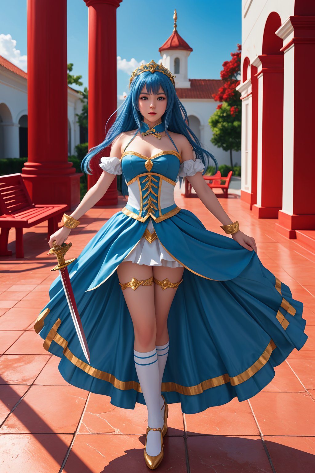 Captured from a low-angle perspective, a vibrant blue-haired woman, dressed in a traditional Asian costume, is adorned with a white and blue skirt, adorned with gold accents. She stands on a tiled floor, her arms stretched out to her sides, revealing a sword in her right hand. Her hair is adorned in a crown, adding a pop of color to her outfit. The sword is held in her left hand, while her right arm is stretched out in front of her. Her left hand is positioned in the air, adding balance to the scene. The scene is set against a backdrop of red pillars, a white building, and a red bench. The sky is a bright, sunny day.