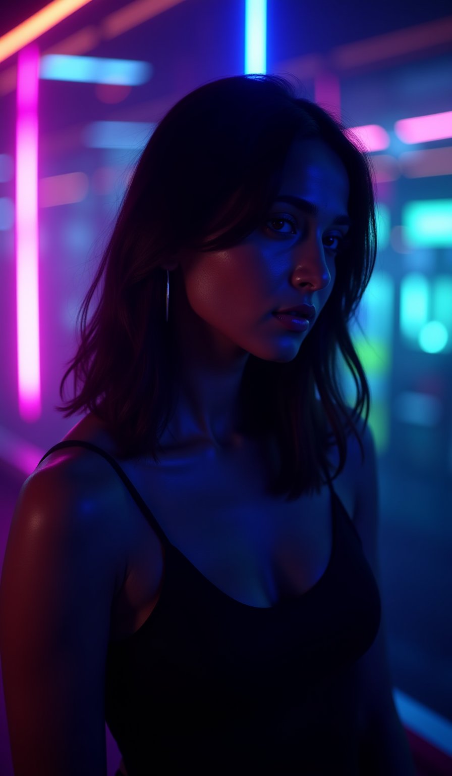 A cyberpunk women, realistic, details and enhanced image, beautiful,The atmosphere is fun and inviting, featuring colors like black, blue, dark blue, dark purple, gray, light green, purple, and orange. Neon lights in pink, blue, and green illuminate the space, creating a bokeh and Depth of Fieldeffect. The focus is on the girl from the torso to the head, captured in a cinematic style with a Sony A7R IV full-frame camera,AnushkaShettyFlux