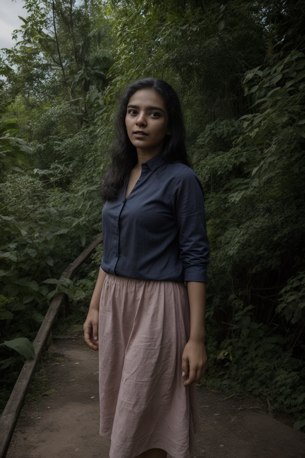 1girl, solo, long hair, looking at viewer, skirt,  shirt, black hair, jewelry, standing, outdoors, bracelet, tree, lips,  collared_blouse, nature, woods, long skirt, stairs, realistic, orange skirt, This breathtaking photograph, shot on a Canon 1DX with a 50 mm f/2.8 lens, beautifully showcases the raw and authentic beauty of life. high resolution 8k image quality,Mallu,1mallu girl