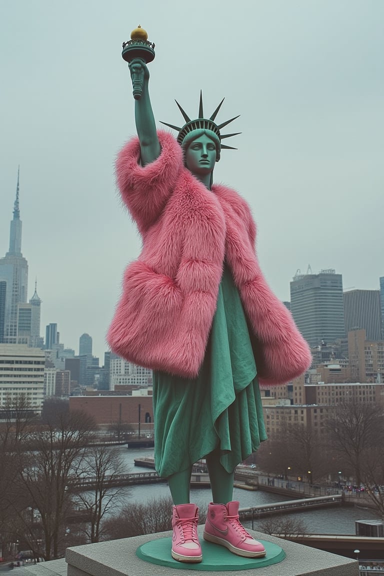 The Statue of Liberty wearing a pink fur coat and green pants, performing the Air Jordan jump pose, with pink Nike sneakers, against a New York City background, in the style of Steven Klein, with a symmetrical face and a half-body shot,Midjourney v6,epicphoto