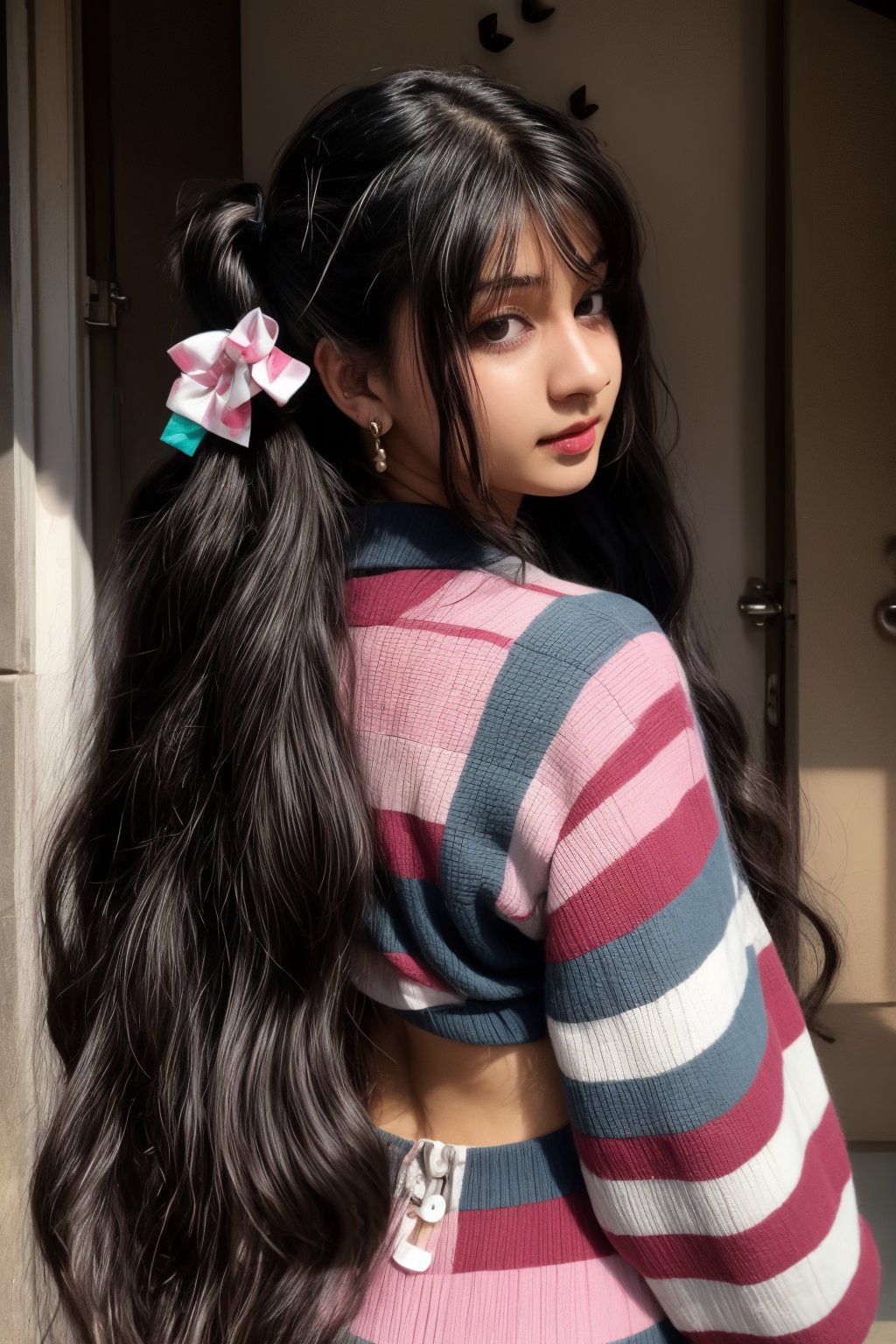 1girl, solo, long hair, black hair, twintails, jewelry, earrings, lips, realistic, beautiful mallu girl, outside, beautiful girl walking on the street , twintail hairstyle,18 years old long hair girl