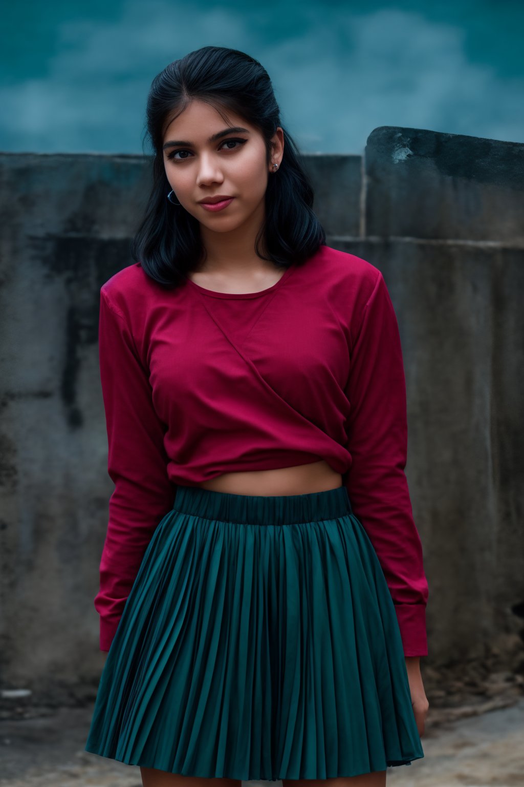 A teenage girl stands still against a rustic wooden wall with a pale blue sky in the background. She is wearing a blue long-sleeved shirt and a red skirt, accessorized with a ring on her finger and earrings in her ears. Her sleek, ponytailed hair is neatly styled, and her neutral expression carries a hint of a subtle smile. The image features cinematic color grading with Matrix movie color tones, enhanced with Tron Legacy movie style. The scene has a neon atmosphere, with a futuristic gadget in view, creating the look of a game character.
