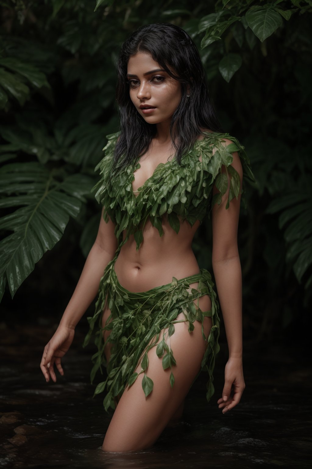 A majestic young woman emerges from the verdant foliage, adorned entirely in a stunning ensemble crafted from delicate Plantain leaves. Red yellow brown colour leafs, Her slender figure is enveloped by a flowing, ethereal gown constructed from thousands of intricately arranged leaves, their gentle curves and soft sheen creating a mesmerizing effect.

The leafy fabric drapes effortlessly around her lithe physique, the subtle rustling of each leaf underscoring the gentle movement of her body as she moves. Her private areas are discreetly concealed by a delicate leafy barrier, its edges carefully positioned to maintain modesty while still showcasing the natural beauty of the surrounding foliage.

The soft, golden light of the sun filters through the leafy canopy above, casting dappled shadows across her skin and illuminating the intricate patterns of the Plantain leaves. A sprinkling of dew-kissed droplets glistens on the leaves, imbuing the overall scene with a serene, idyllic quality.

As she stands within this natural setting, the young woman's presence seems almost an extension of the surrounding vegetation, as if she has been organically grown from the very earth itself. The Plantain leaf costume appears not only beautiful but also eerily lifelike, blurring the lines between her and the natural world around her.,Blossom lady 