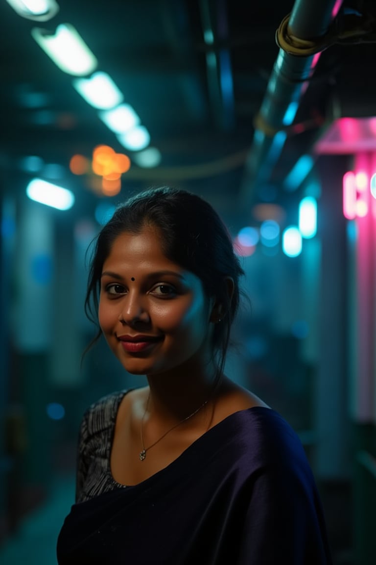 A beautiful mallu women, teal and orange colour lighting in background, futuristic subway, pipeline , wires, light indicators, intricate background, realism,realistic,raw,analog,portrait,photorealistic, taken by Canon EOS,SIGMA Art Lens 35mm F1.4,ISO 200 Shutter Speed 2000,Vivid picture,Mallu beauty, The atmosphere is fun and inviting, featuring colors like black, blue, dark blue, dark purple, gray, light green, purple, and orange. Neon lights in pink, blue, and green illuminate the space, creating a bokeh and Depth of Fieldeffect. The focus is on the girl from the torso to the head, captured in a cinematic style with a Sony A7R IV full-frame camera,Mallu beauty,futuristicportrait,Mallu beauty 