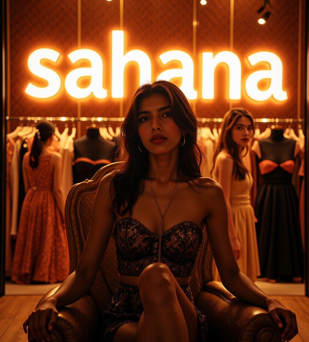 create me something beautiful, sexy, A beautiful woman, dressed in high fashion, sits on a throne in a luxurious boutique shop, surrounded by perfect cinematic lighting. Behind her, the shop's name "sahana" is displayed in oversized glowing letters, commanding attention. Girls in the background casually explore the dresses on display. The scene highlights both the elegance of the boutique and the glowing, bold shop name.,Enhanced all