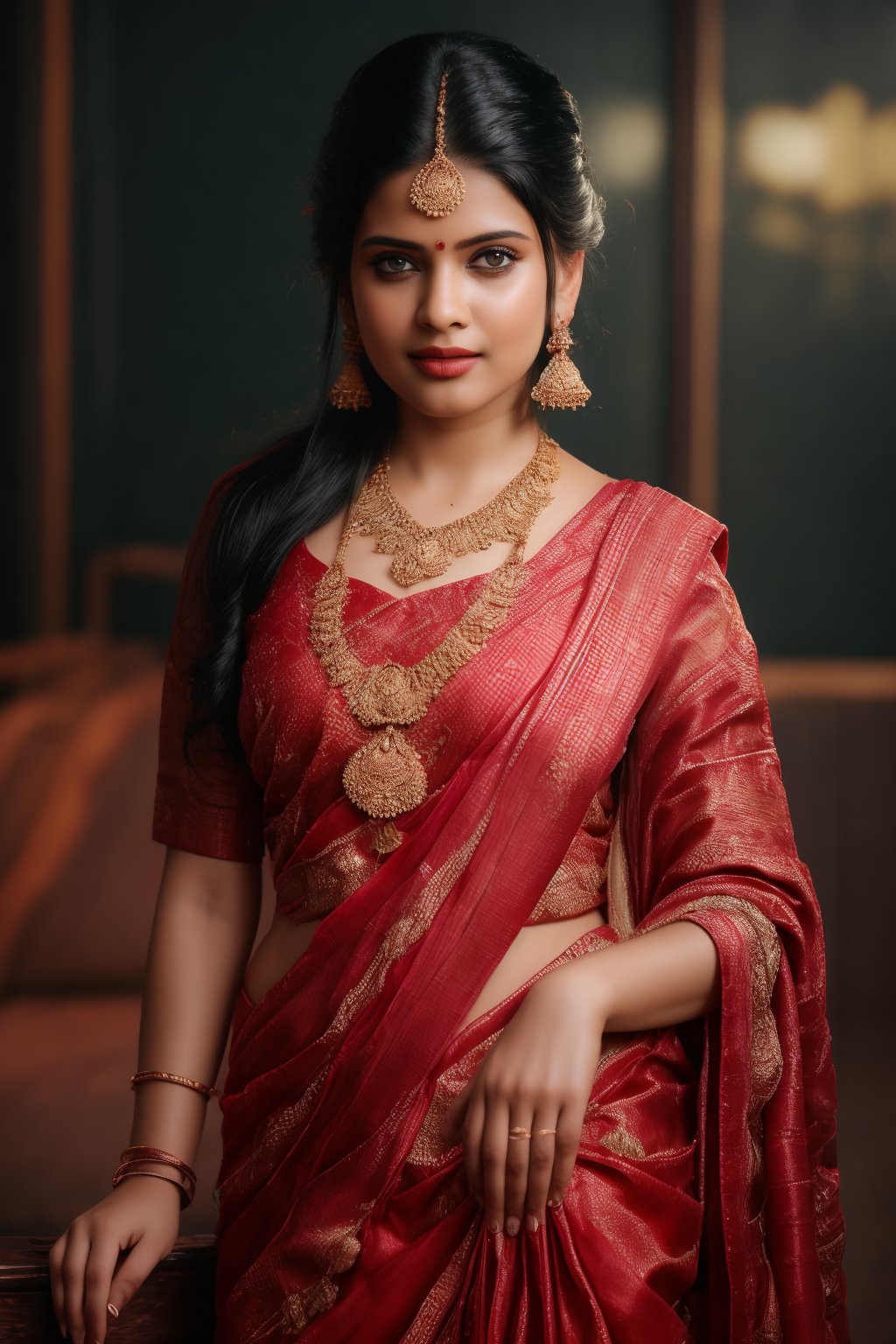 A beautiful Indian 26yo  girl wearing a traditional saree, draped in a style that reveals navel. Turtle neck blouse:2, The saree is richly colored and adorned with intricate patterns and embroidery, with a matching blouse (choli) that has short sleeves and a deep neckline. The pallu of the saree is gracefully  over her shoulder cover with blouse, , falling softly to one side, while her navel is tastefully visible where the saree is wrapped around her waist. She is adorned with traditional jewelry, including a maang tikka, jhumka earrings, a nose ring, bangles, and anklets. Her skin has a warm tone, and her long, dark hair is styled either in a loose braid or cascading waves. The setting is softly lit, focusing on her elegant pose and the cultural richness of her attire, with warm, natural lighting that enhances the details of the fabric and her jewelry.

cinematic angle, (cinematic shadows, bokeh, depth of field:1.3) , (High detail RAW Photo), (extremely detailed skin, photorealistic, heavy shadow, dramatic and cinematic lighting, key light, fill light), sharp focus, cinematic, imperfect skin, fabrics, textures, detailed face, detailed skin, detailed fingers, NaturalHand2-3500, analog film photo Deep photo,depth of field,ferrania p30 film,shadows, perfect face and body, dimly lit, nervous, harsh camera flash, faded film, desaturated, 35mm photo, grainy, Kodachrome, Lomography, stained, highly detailed, found footage,, (black hair, covered cleavage, 
A flapper girl stands poised in a smokey atmosphere, bathed in ethereal light that accentuates her stunning features. Her fair skin glows under cinematic lighting, as she gazes directly into the camera with perfect eyes and a beautiful nose. Her Drill Spring-inspired hairstyle is perfectly coiffed, framing her face, background intricate details and complex patterns that seem to leap off the screen in hyper-maximalist fashion.  with detailed decoration and lines that exude opulence. In stunning HDR and UHD, this unreal engine creation pops with gorgeous light and shadow., matrix,poakl, 5 fingers on each hands,better_hands