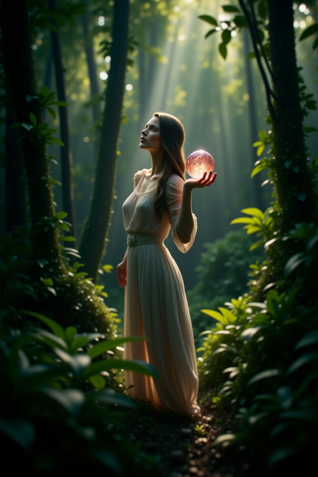 A serene and mystical scene unfolds: a crystal-wielding woman stands amidst a lush forest, her slender fingers grasping a glittering crystal orb. Soft, filtered sunlight casts dappled shadows on the forest floor, highlighting her gentle pose as she gazes upward, the crystal's facets reflecting the hues of the surrounding foliage.