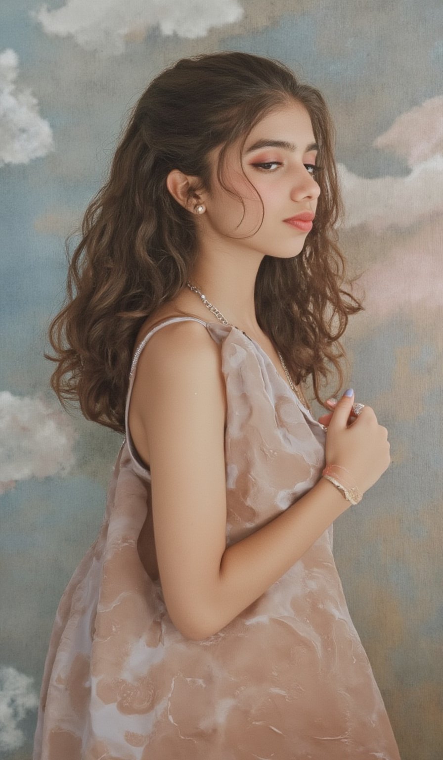 Canvas painting, oil painting, realistic painting, full color, perfect artistic composition, perfect contrast, perfect brightness. Abstract surrealist masterpiece of a very beautiful woman with long light brown curly hair standing among dreamy clouds, reminiscent of the elegant, pure, and beautiful atmosphere in Francesca's works. The style is reminiscent of Veronese painting style.,Details,Skin texture,Sahana15 