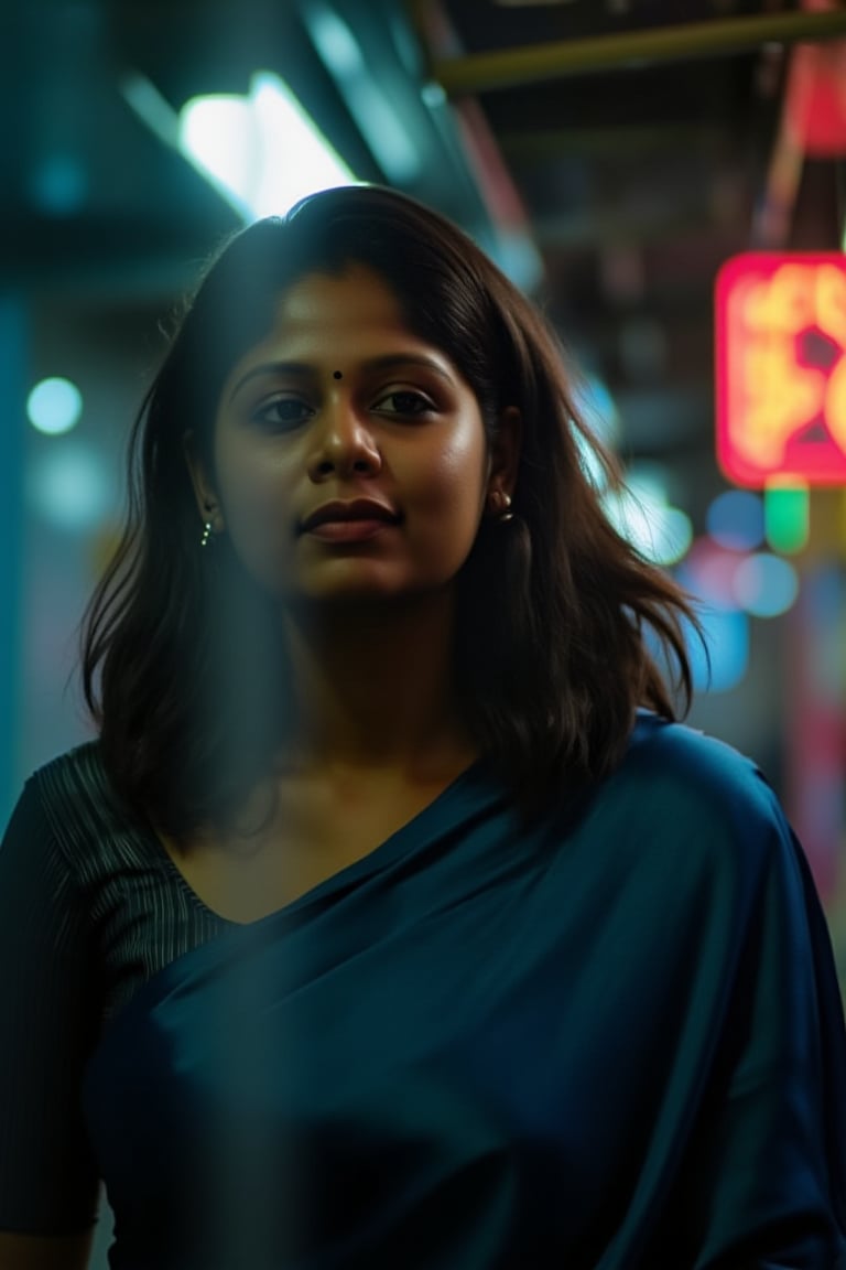 A beautiful mallu women, teal and orange colour lighting in background, futuristic subway, pipeline , wires, light indicators, intricate background, realism,realistic,raw,analog,portrait,photorealistic, taken by Canon EOS,SIGMA Art Lens 35mm F1.4,ISO 200 Shutter Speed 2000,Vivid picture,Mallu beauty, The atmosphere is fun and inviting, featuring colors like black, blue, dark blue, dark purple, gray, light green, purple, and orange. Neon lights in pink, blue, and green illuminate the space, creating a bokeh and Depth of Fieldeffect. The focus is on the girl from the torso to the head, captured in a cinematic style with a Sony A7R IV full-frame camera,Mallu beauty,futuristicportrait,Mallu beauty 