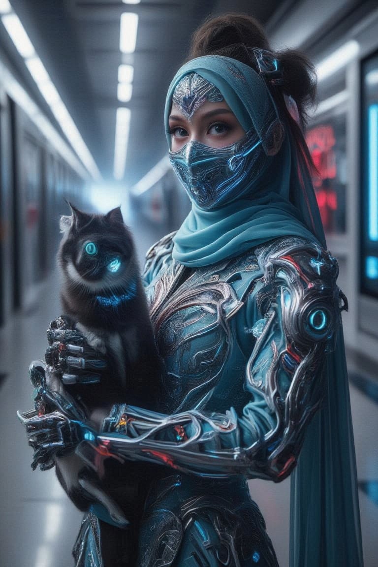 Close-up shot of a futuristic hijabi woman standing confidently in a sleek, high-tech environment. Her half-body view reveals a stunning cyan-colored jubah suit adorned with metallic gunmetal armor plates, encasing her torso. A mouth mask and protector headband complement the outfit, exuding a sense of resilience. In her hand, she cradles a black and grey cybernetic cat, its glowing blue eyes seeming to pulse in sync with her determination.