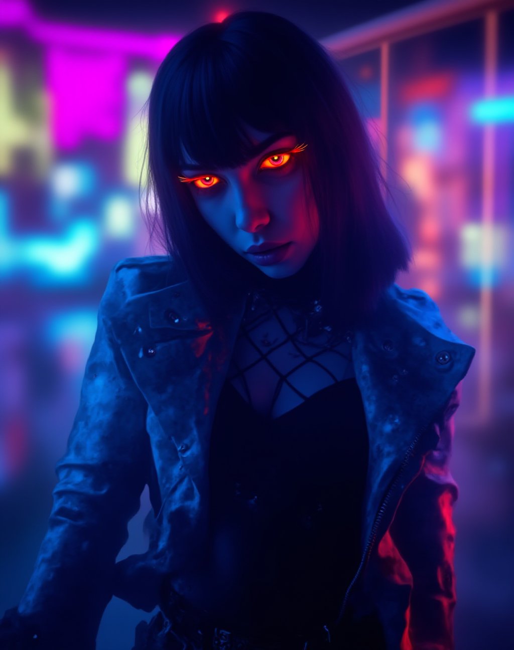 A cyberpunk women, realistic, details and enhanced image, beautiful,The atmosphere is fun and inviting, featuring colors like black, blue, dark blue, dark purple, gray, light green, purple, and orange. Neon lights in pink, blue, and green illuminate the space, creating a bokeh and Depth of Fieldeffect. The focus is on the girl from the torso to the head, captured in a cinematic style with a Sony A7R IV full-frame ceramic camera 