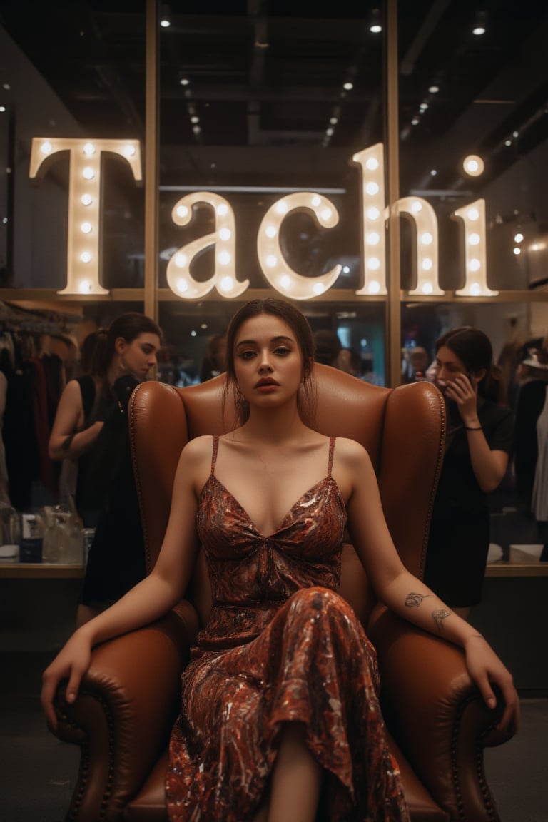 create me something beautiful, sexy, A beautiful woman, dressed in high fashion, sits on a throne in a luxurious boutique shop, surrounded by perfect cinematic lighting. Behind her, the shop's name "Tachi" is displayed in oversized glowing letters, commanding attention. Girls in the background casually explore the dresses on display. The scene highlights both the elegance of the boutique and the glowing, bold shop name.
