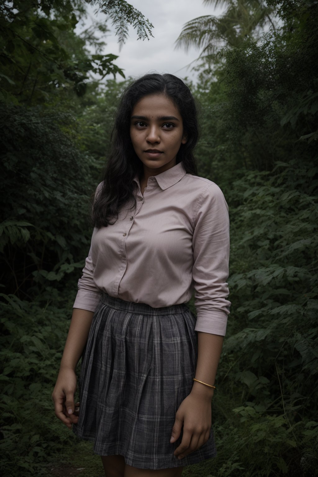 1girl, solo, long hair, breasts, looking at viewer, skirt,  shirt, black hair, jewelry, standing, outdoors, bracelet, tree, lips,  collared_blouse, nature, woods, long skirt, stairs, realistic, orange skirt, This breathtaking photograph, shot on a Canon 1DX with a 50 mm f/2.8 lens, beautifully showcases the raw and authentic beauty of life. high resolution 8k image quality,Mallu,1mallu girl