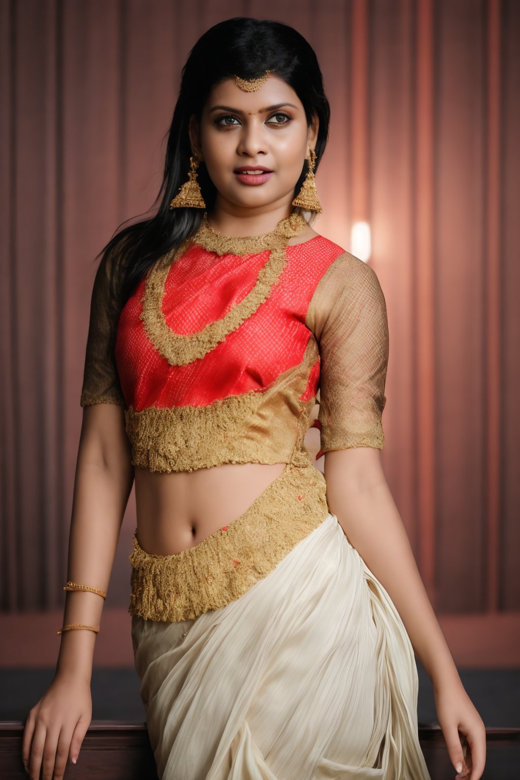 A ravishing Indian beauty, 36 years young, wears a stunning traditional saree, skillfully draped to reveal her navel. The richly colored fabric is adorned with intricate patterns and embroidery, paired with a matching turtle-neck blouse featuring short sleeves and a deep neckline. Her pallu flows softly over one shoulder, as she poses elegantly against a dimly lit background, focusing on the cultural richness of her attire.

Her warm-toned skin glows under cinematic lighting, accentuating every detail. Her long, dark hair cascades down her back like night's shadows, framing her flawless face and striking features. A maang tikka adorns her forehead, complementing jhumka earrings, a nose ring, bangles, and anklets that add to the overall opulence.

The setting is bathed in warm, golden light, emphasizing the textures of her fabric and jewelry. Every aspect of this scene is meticulously crafted, from the soft focus on her skin to the intricate details on her attire. The image is so vivid it seems to leap off the screen, a true masterpiece of cinematic art.