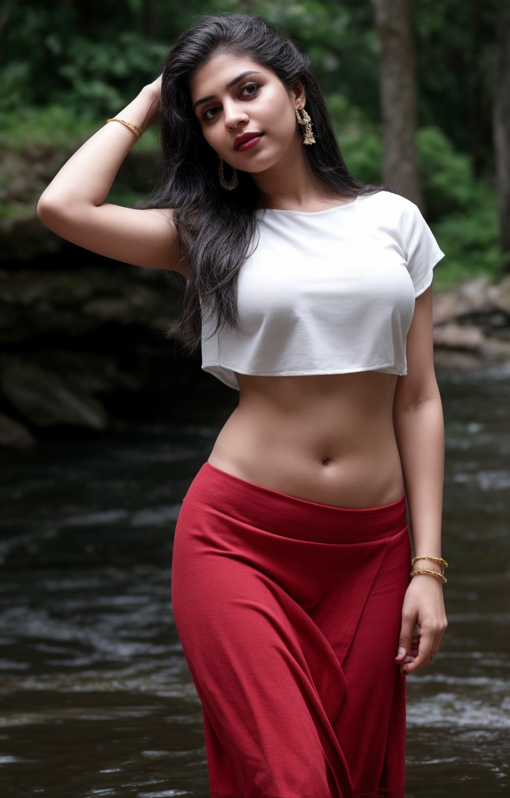 Beautiful women, solo, long hair, skirt, shirt, black hair, jewelry, standing, full body, earrings, midriff, water, blurry, arms up, bracelet, tree, blouse, , blurry background, white skirt, red shirt, long skirt, rock, photo background, Indian traditional dress , 28yo, plumb 