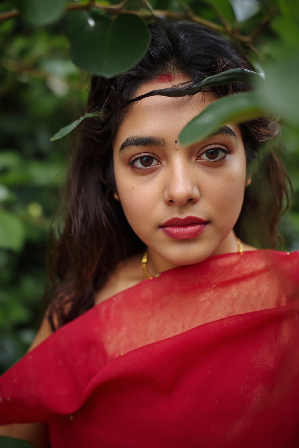 Raw photo of (18yo Kerala Beautiful young woman:1.1, (best quality, highres, ultra-detailed:1.2), This breathtaking photograph, shot on a Canon 1DX with a 50 mm f/2.8 lens, beautifully showcases the raw and authentic beauty of life. high resolution 8k image quality, vibrant colors, glowing dimond, glowing eyes, realistic Raw photo, realistic lighting, traditional Red saree,  exotic beauty, mesmerizing eyes, girl ,Thrissur,Mallu,Saree